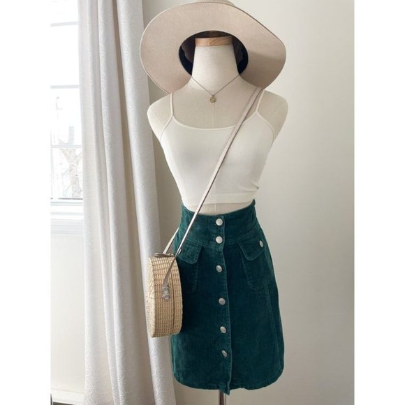 Women’s Vintage 90s Emerald Green Corduroy Button Front Skirt Academia Aesthetic - Picture 8 of 8